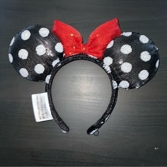 Disney sequins Black and White Polkadot with Red bow Minnie Mouse headband ears - Picture 2 of 2